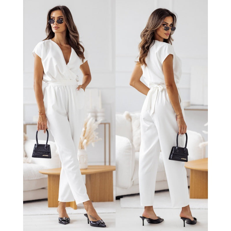 Plus Size Waist-controlled Lace-up Short Sleeve Jumpsuit