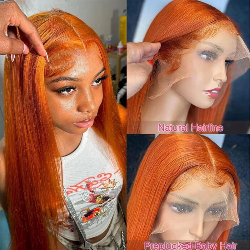 34 Inch Orange Ginger Lace Front Wigs Human Hair For Women Straight 13x4 13x6 Lace Frontal Wig 350 Colored Pre Plucked Peruvian