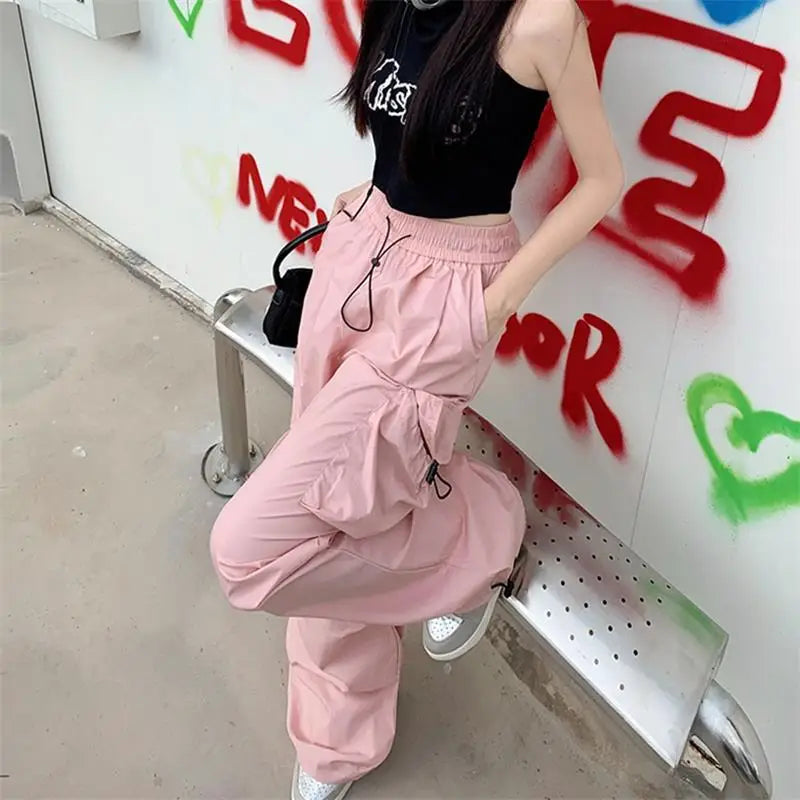 Y2K Parachute Black Pants Women Hippie Streetwear Oversize Pockets Cargo Trousers Harajuku Wide Leg Baggy Sweatpants