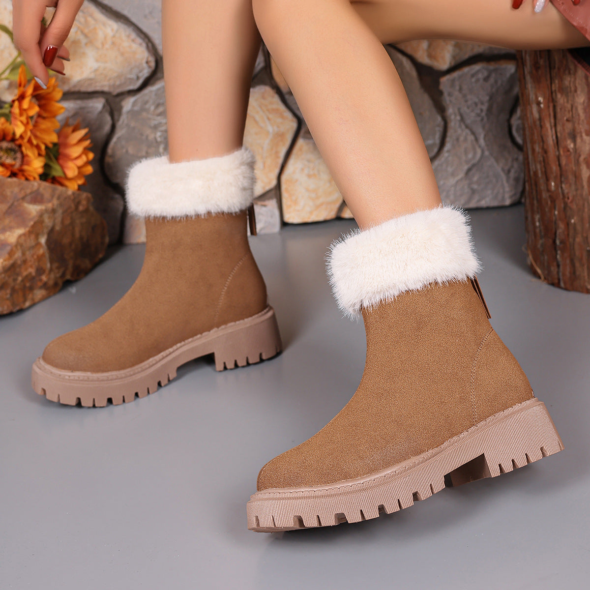 Square-heeled Snow Boots Winter Plus Velvet Platform Plush Shoes Fashion Warm Non-slip Mid-calf Boot For Women