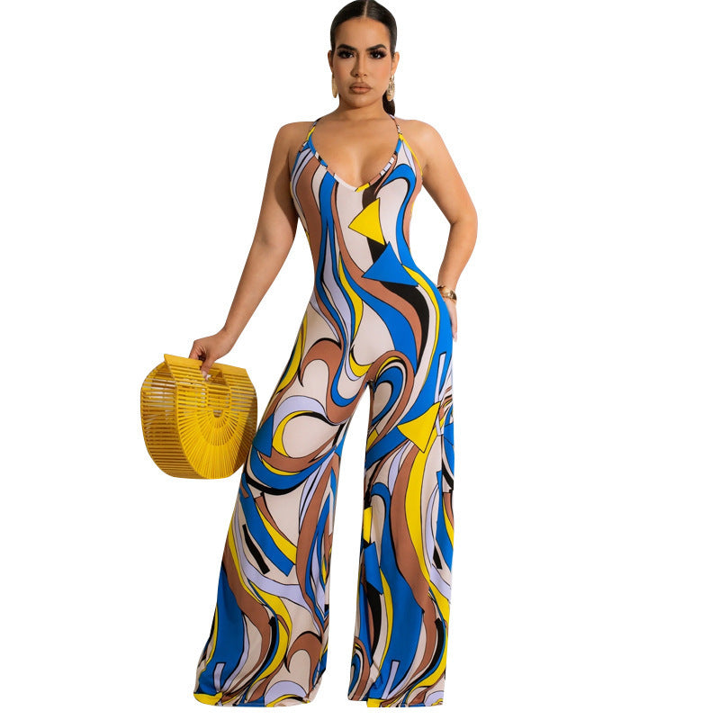 Summer Sleeveless Backless Fashion Casual Printing Wide Leg Jumpsuit Women's Clothing